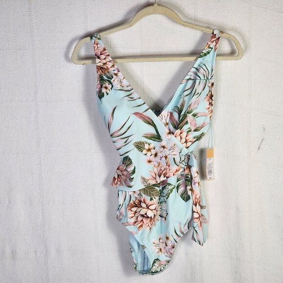 Kona Sol Sea Blue Pink Floral Lined High Coverage One Piece Bathing Suit SM 4-6 - Picture 1 of 16